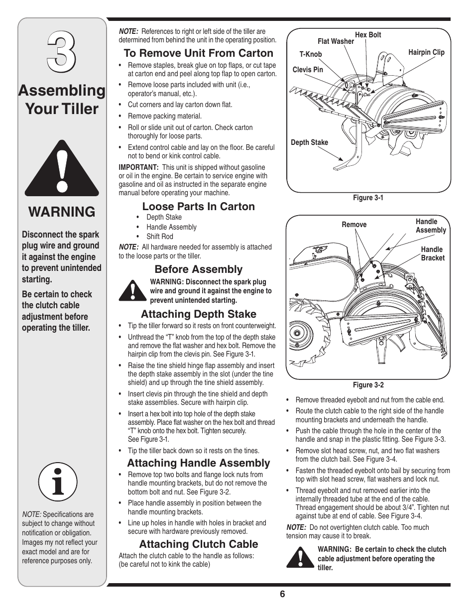 Assembling your tiller, Warning, Loose parts in carton | Before assembly, Attaching depth stake, Attaching handle assembly, Attaching clutch cable | MTD 450 User Manual | Page 6 / 24