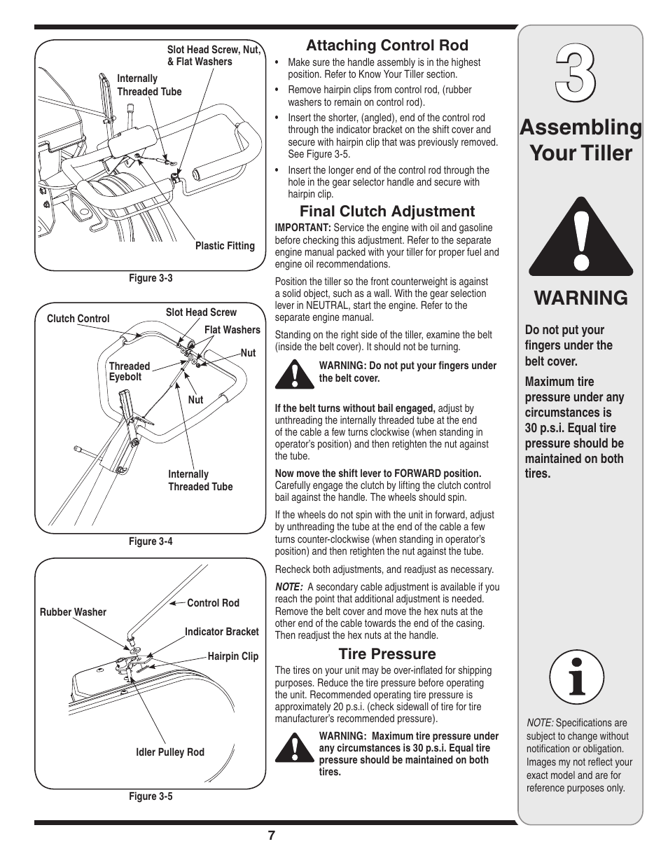 Assembling your tiller, Warning, Attaching control rod | Final clutch adjustment, Tire pressure | MTD 450 User Manual | Page 7 / 24