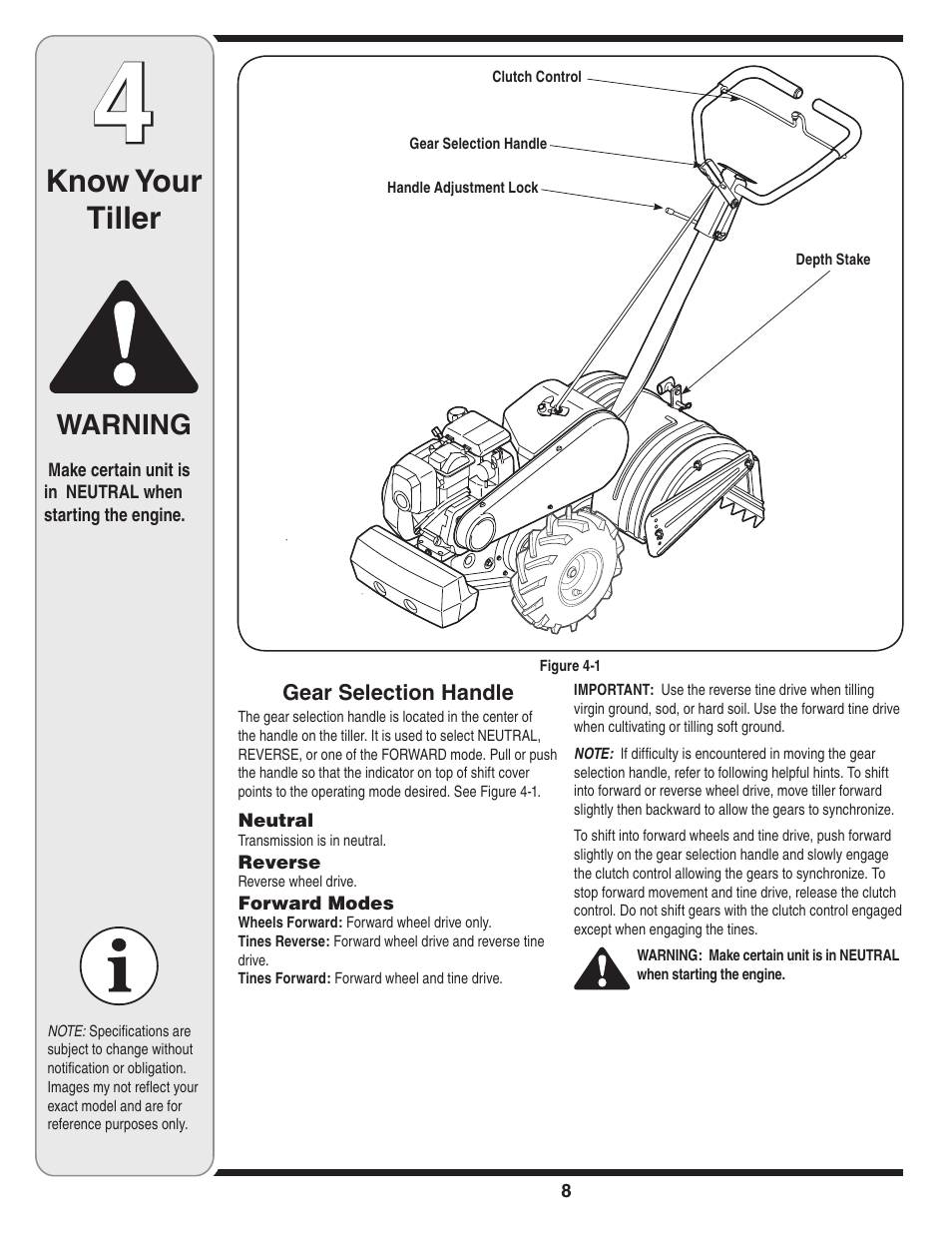 Know your tiller, Warning | MTD 450 User Manual | Page 8 / 24