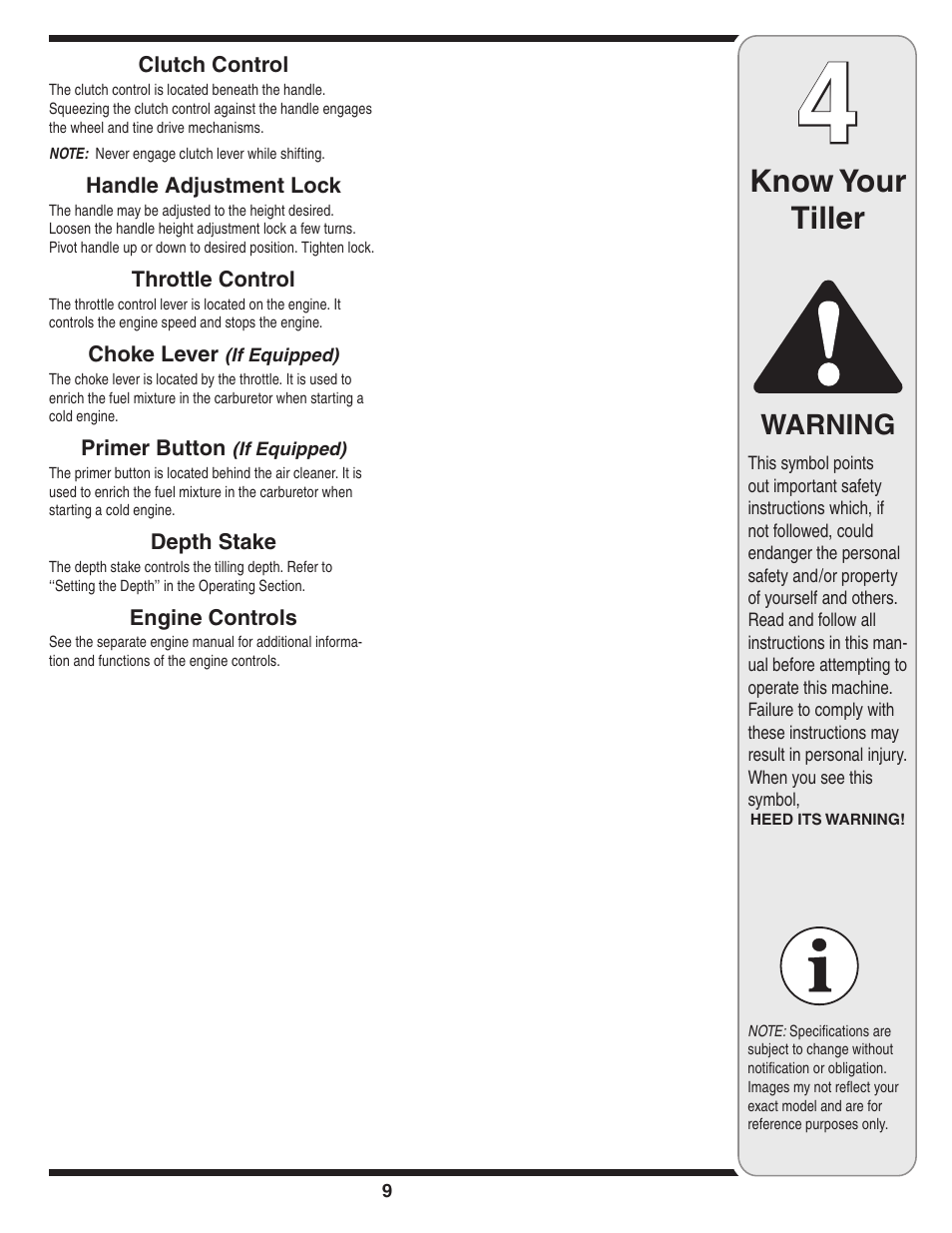 Know your tiller, Warning | MTD 450 User Manual | Page 9 / 24