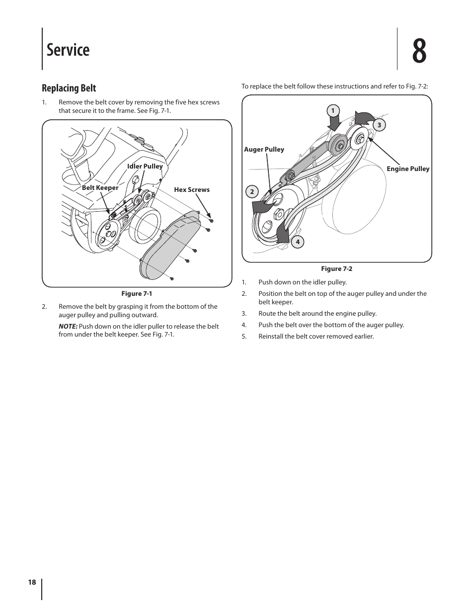 Service, Replacing belt | MTD 2P5 User Manual | Page 18 / 24