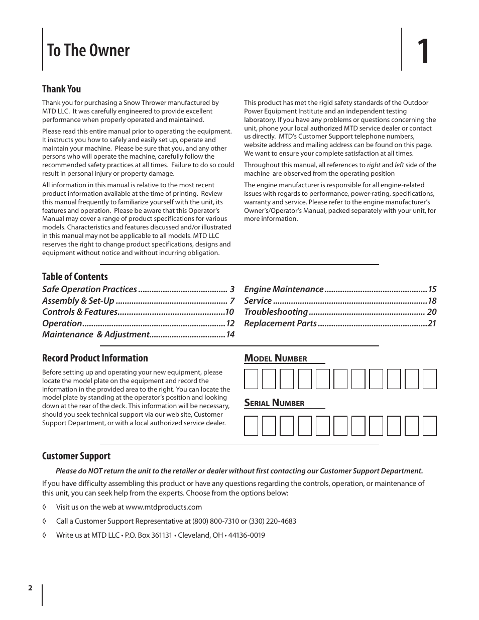 Record product information, Table of contents m, Customer support | MTD 2P5 User Manual | Page 2 / 24