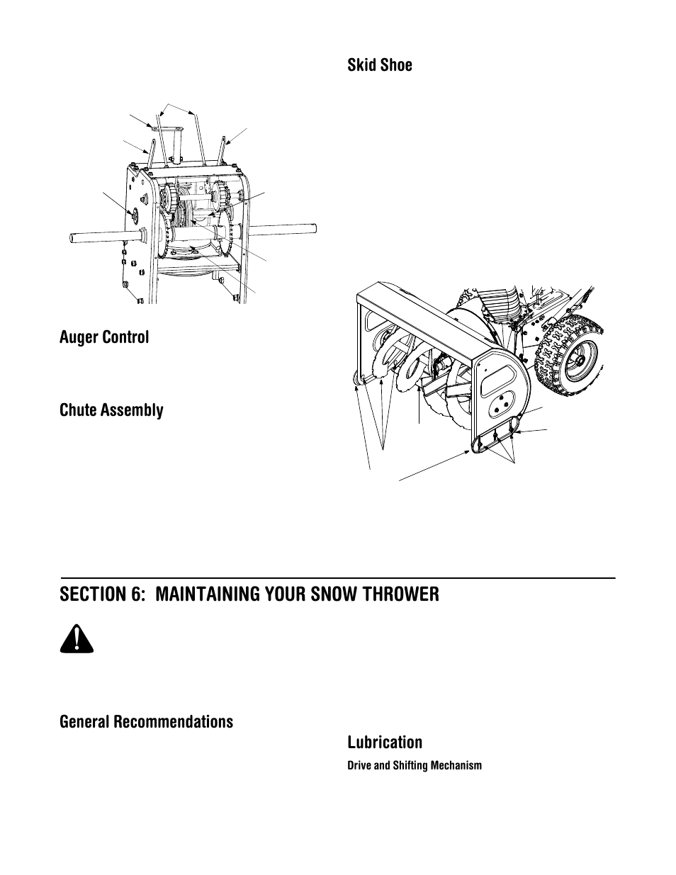 Auger control, Chute assembly, Skid shoe | General recommendations, Lubrication | MTD 31AE993I401 User Manual | Page 12 / 28