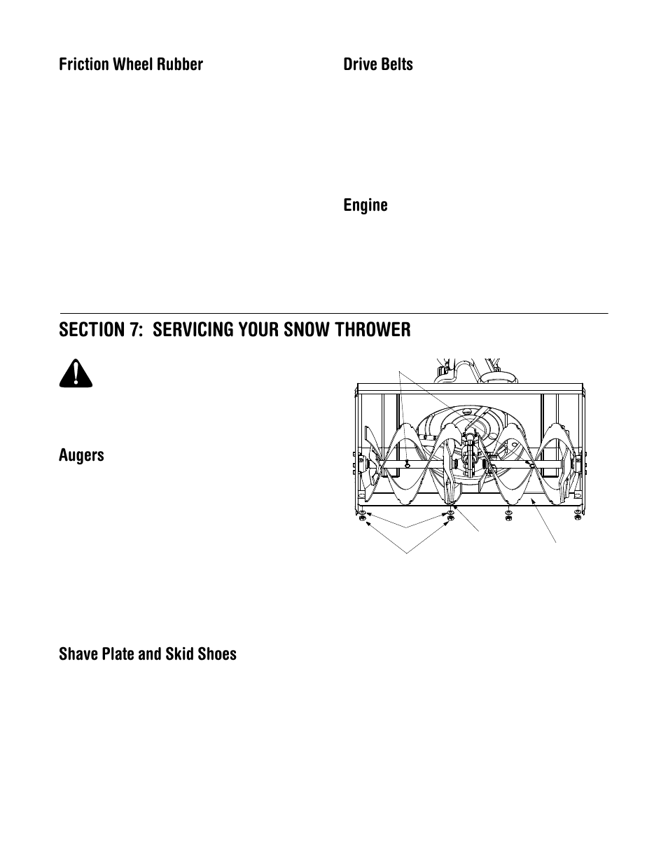 Friction wheel rubber, Drive belts, Engine | Augers, Shave plate and skid shoes | MTD 31AE993I401 User Manual | Page 14 / 28