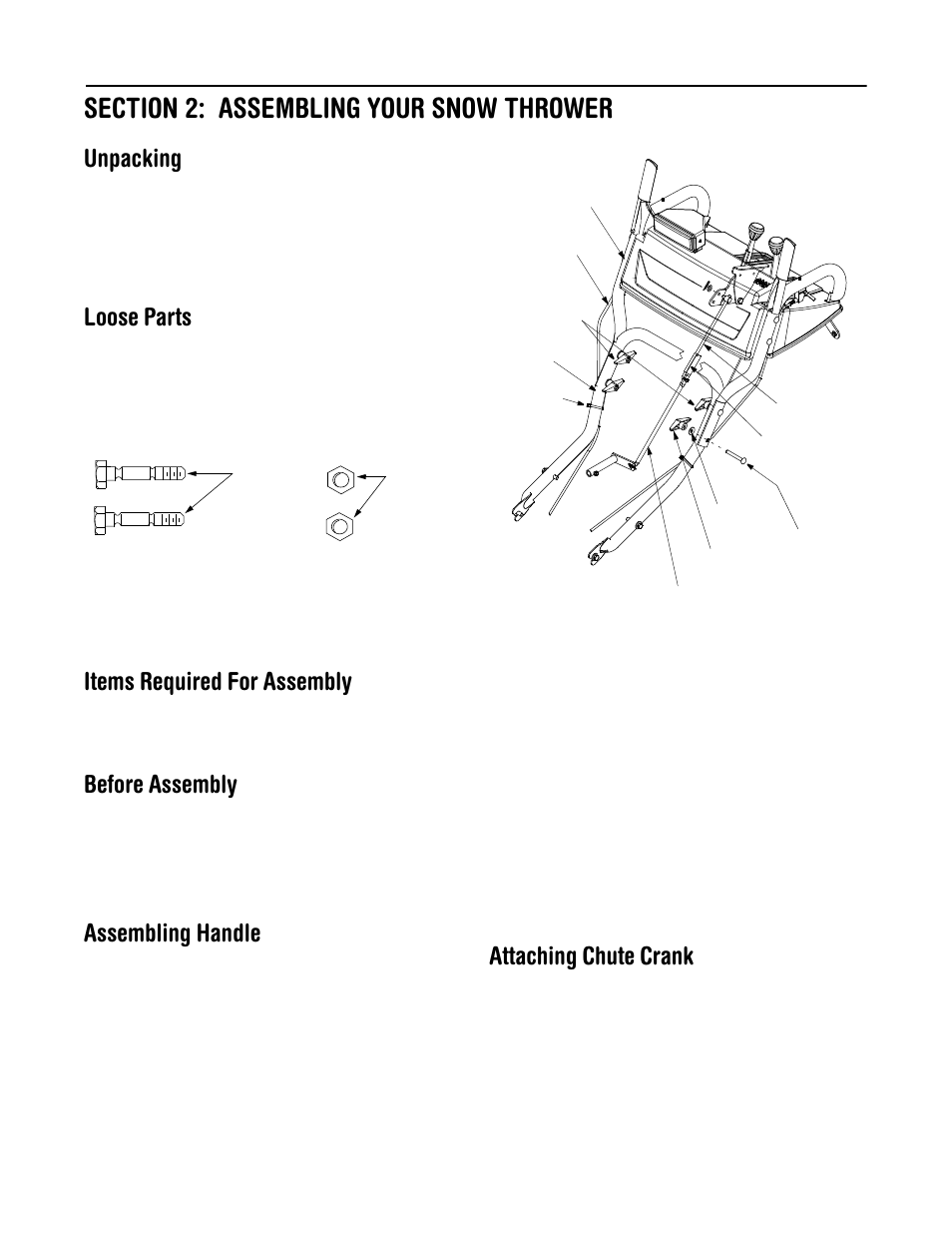 Unpacking, Loose parts, Items required for assembly | Before assembly, Assembling handle, Attaching chute crank | MTD 31AE993I401 User Manual | Page 5 / 28
