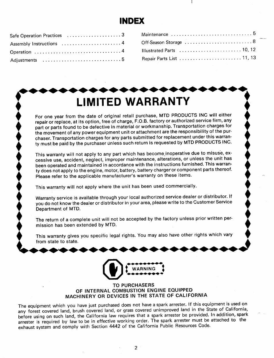 Index, Limited warranty | MTD 24635A User Manual | Page 2 / 14