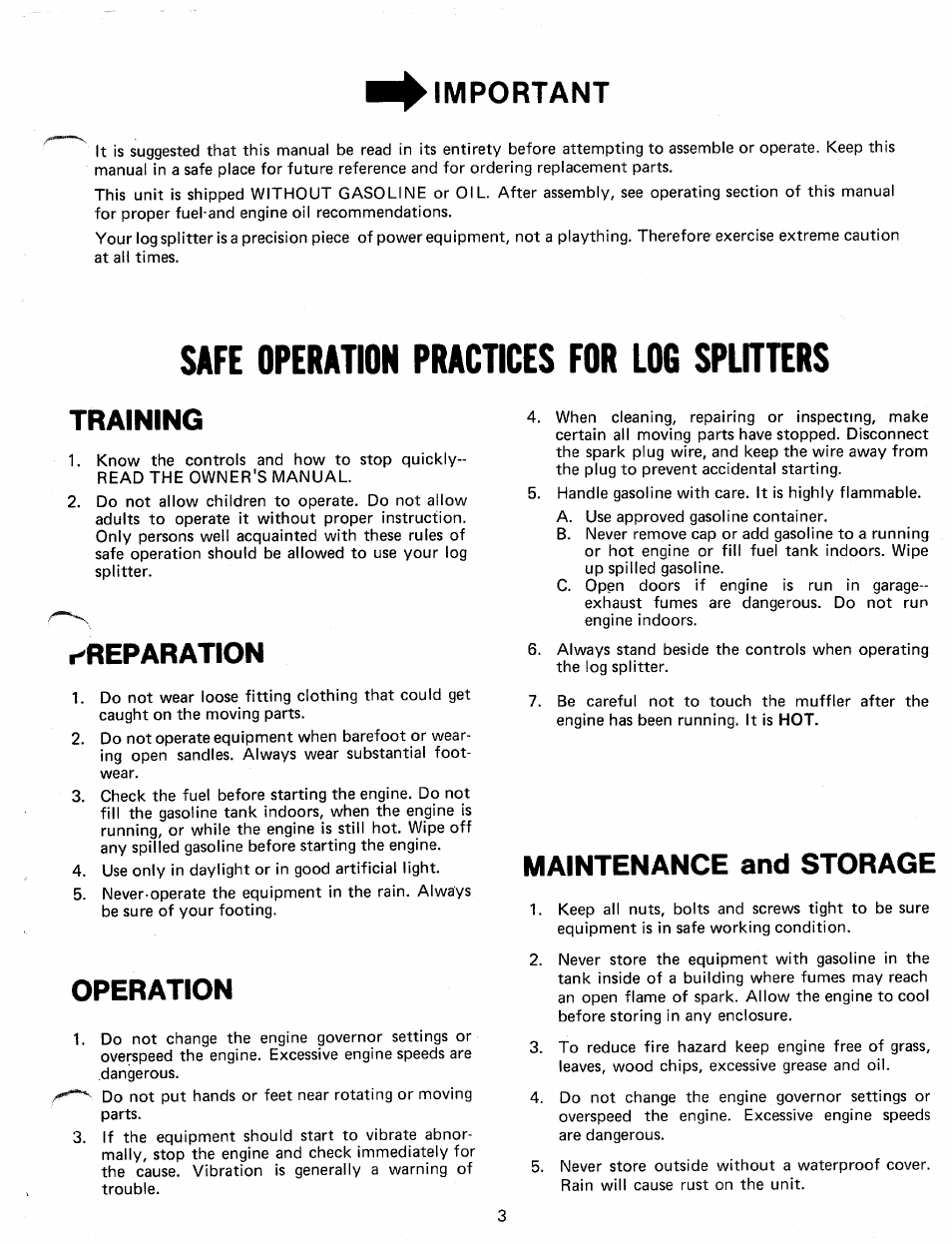 Important, Training, Reparation | Operation, Maintenance and storage, Safe operation practices for log splitters | MTD 24635A User Manual | Page 3 / 14