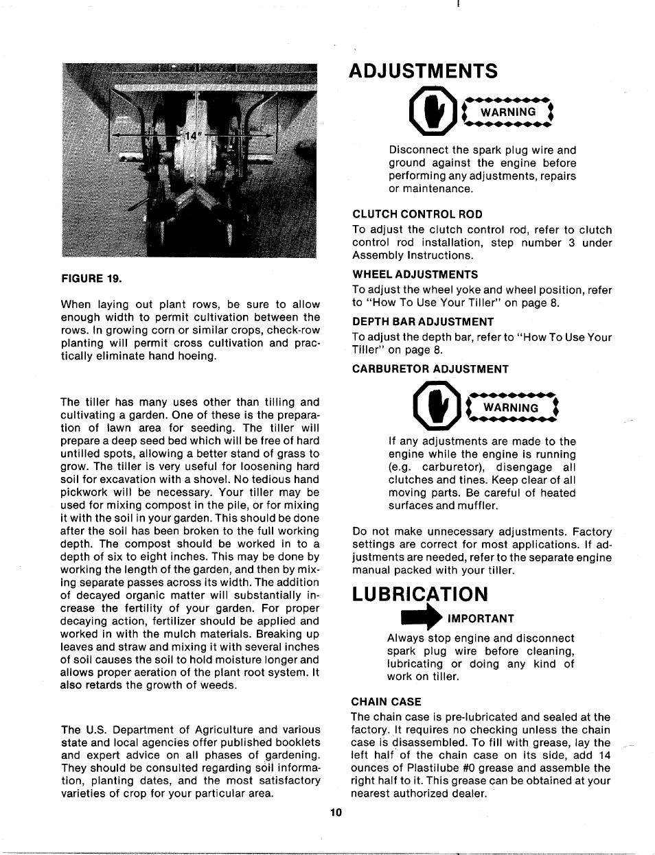 Warning, Clutch control rod, Wheel adjustments | Depth bar adjustment, Carburetor adjustment, Important, Chain case, Adjustments, Lubrication | MTD 213-381A User Manual | Page 10 / 20