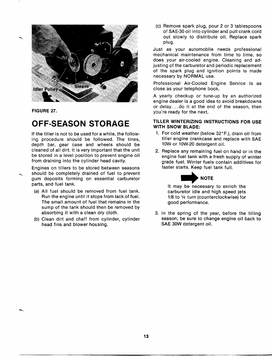 Off season storage, Note | MTD 213-381A User Manual | Page 13 / 20