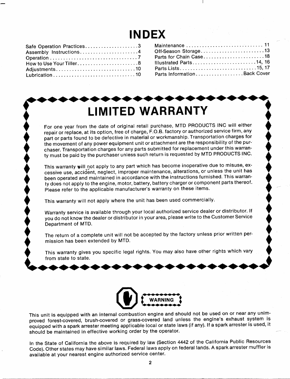 Index, Limited warranty | MTD 213-381A User Manual | Page 2 / 20