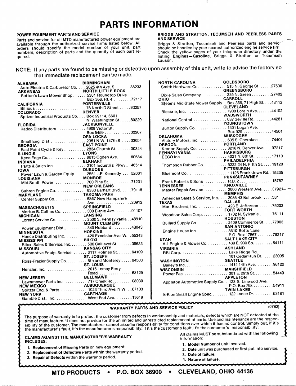 Parts information | MTD 213-381A User Manual | Page 20 / 20