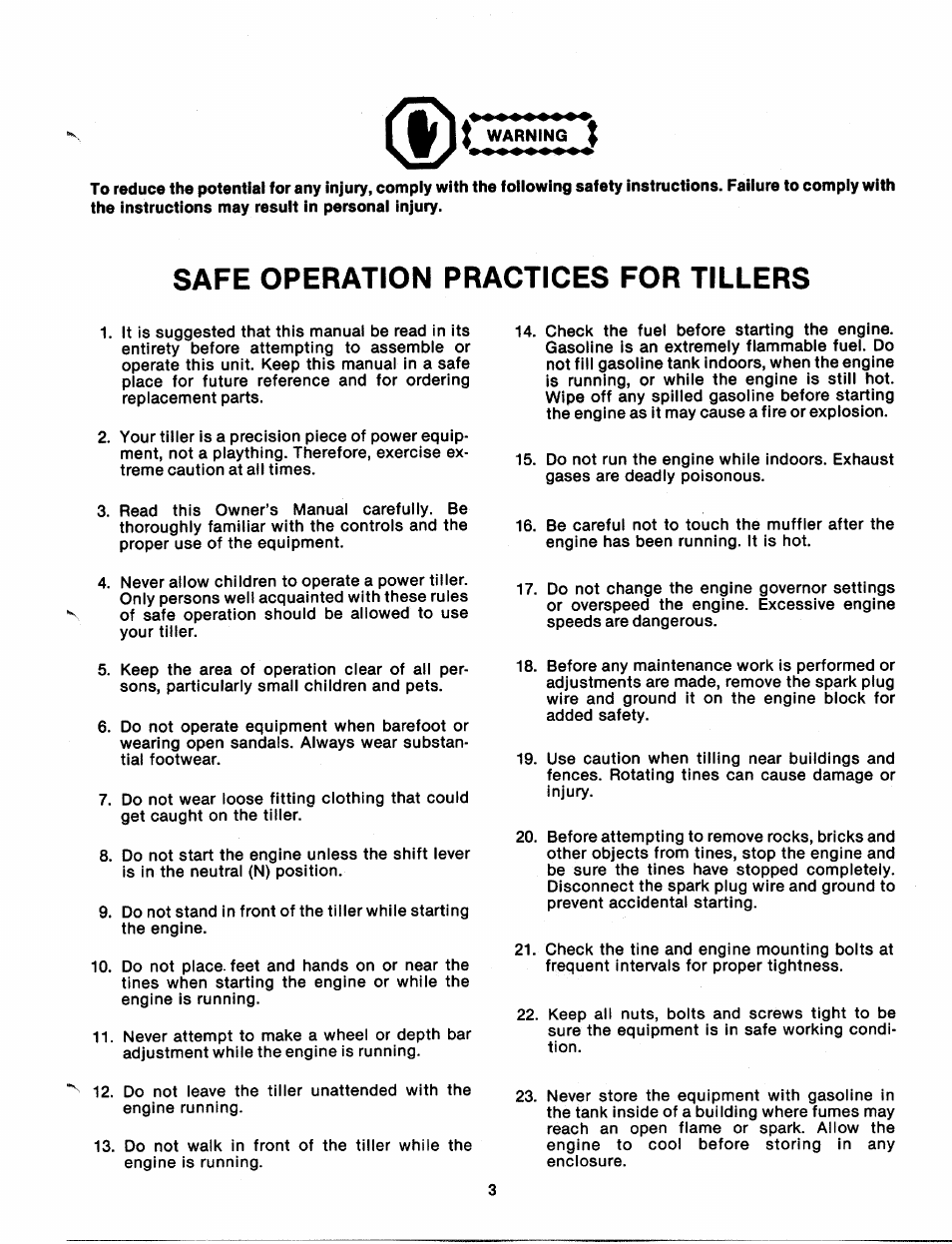 Safe operation practices for tillers | MTD 213-381A User Manual | Page 3 / 20