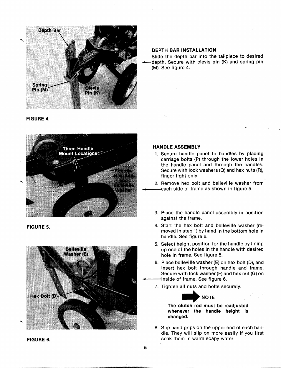 Depth bar installation, Handle assembly, Note | MTD 213-381A User Manual | Page 5 / 20