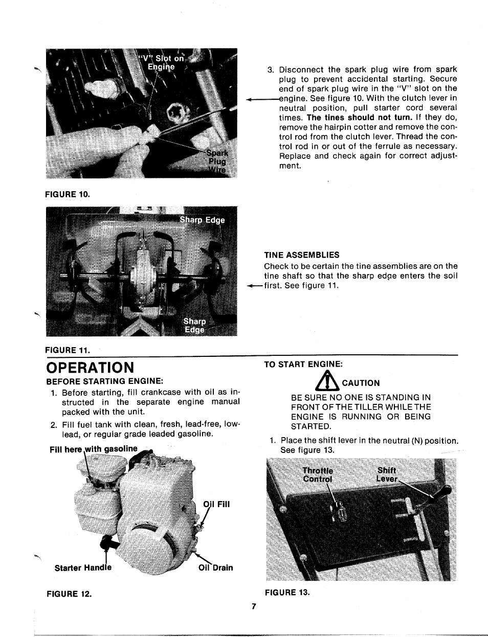 Tine assemblies, Before starting engine, Starter hand figure 12 | To start engine, Operation | MTD 213-381A User Manual | Page 7 / 20