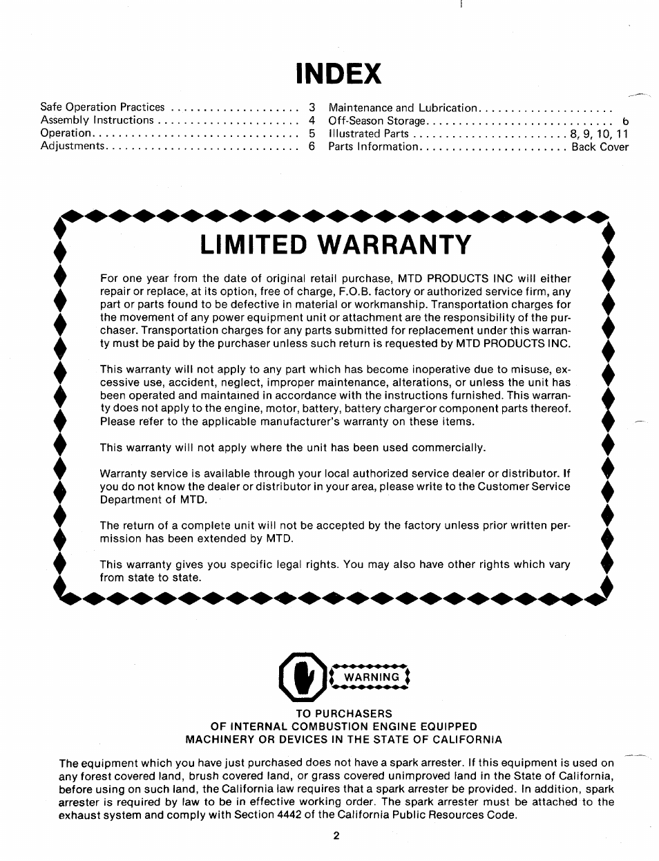 Index, Limited warranty, T* limited warranty | MTD 242-692A User Manual | Page 2 / 12