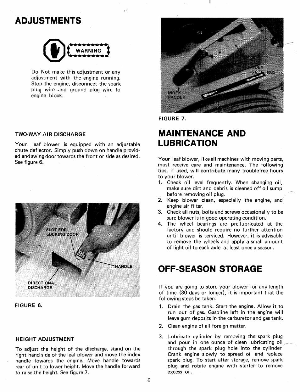 Adjustments, Warning, Two-way air discharge | Figure 6, Height adjustment, Maintenance and lubrication, Off-season storage, Adjustments t | MTD 242-692A User Manual | Page 6 / 12