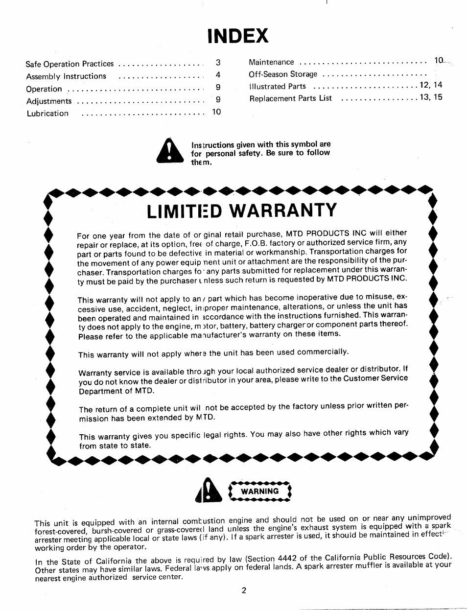 Index, Limitied warranty | MTD 24687S User Manual | Page 2 / 16