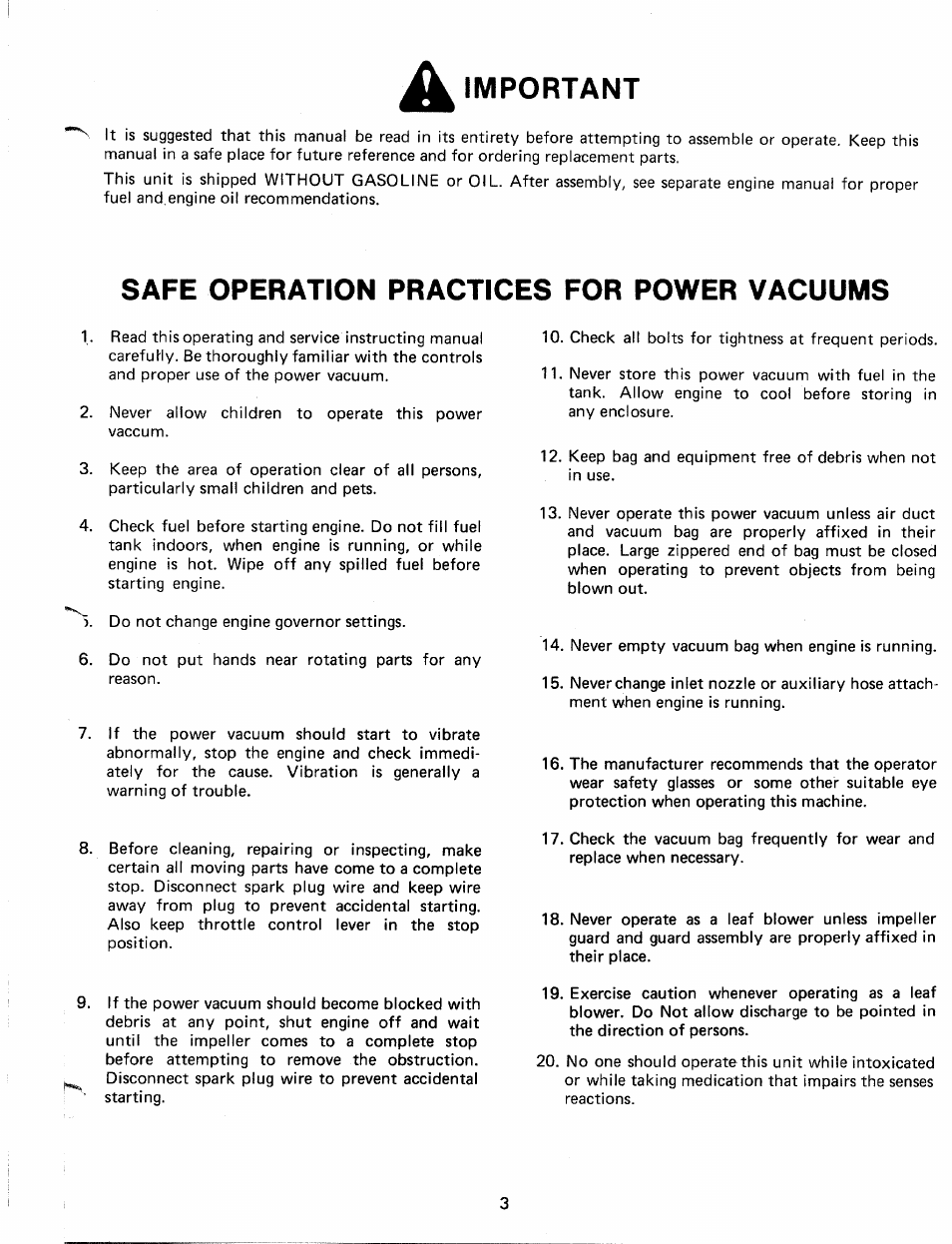 Important, Safe operation practices for power vacuums | MTD 24687S User Manual | Page 3 / 16