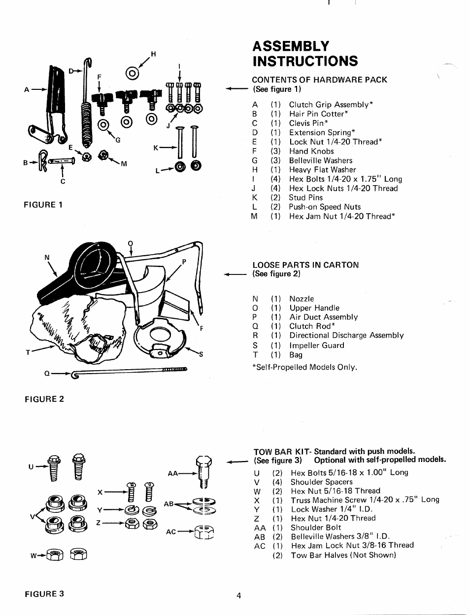 Figure 1, 1t f j, Assembly | Instructions, Contents of hardware pack (see figure 1), Loose parts in carton (see figure 2), 1 t f j, Assembly instructions, K-*l | MTD 24687S User Manual | Page 4 / 16