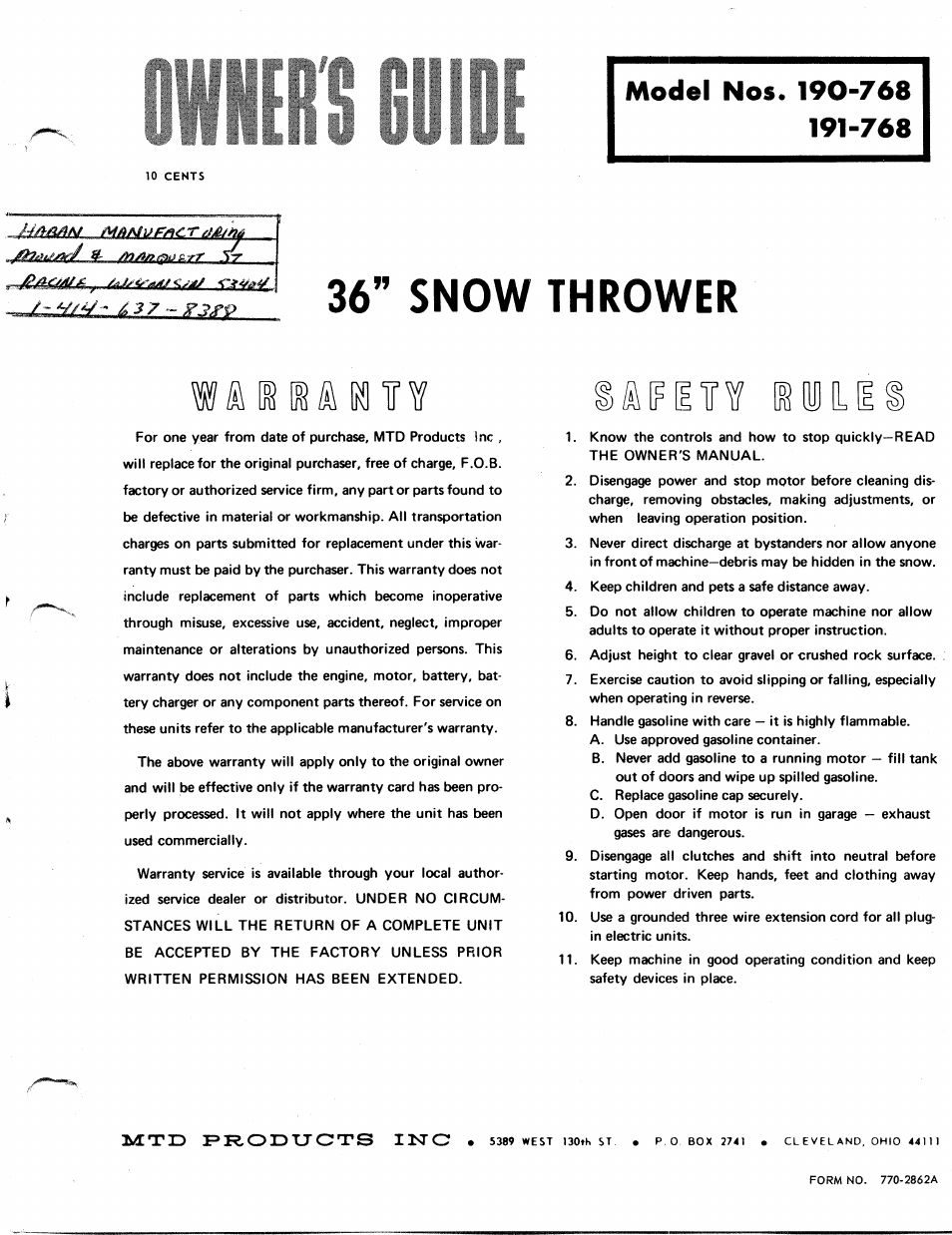 MTD 191-768 User Manual | 8 pages