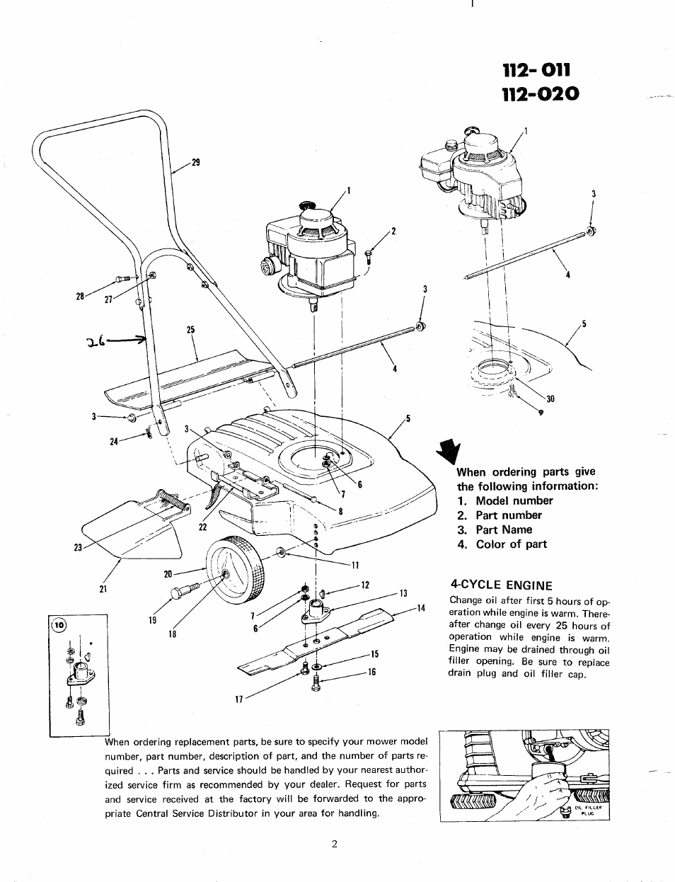 Oil 112-020, When ordering parts give the following information, Model number | Part number, Part name, Color of part, Cycle engine | MTD 112-020 User Manual | Page 2 / 6