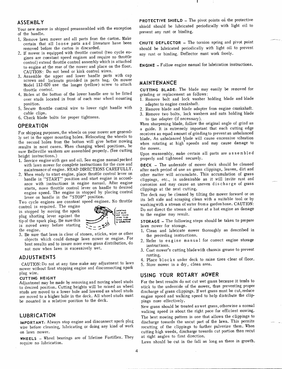 Assembly, Operation, Adjustments | Lubrication, Maintenance, Using your rotary mower | MTD 112-020 User Manual | Page 4 / 6