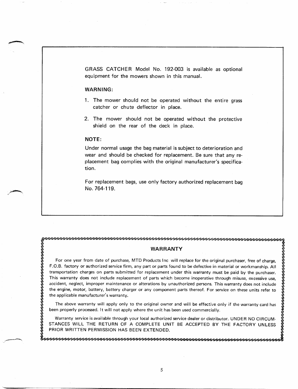 Warning, Note, Warranty | MTD 112-020 User Manual | Page 5 / 6