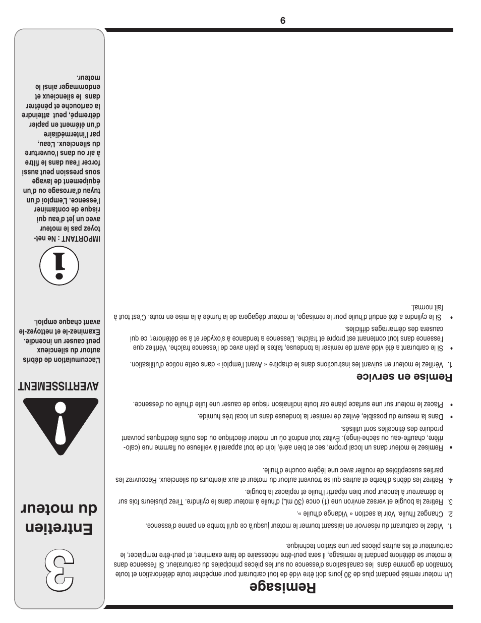 Entretien du moteur, Remisag e, Aver tissement | Rem ise e n serv ice | MTD 208cc User Manual | Page 16 / 24