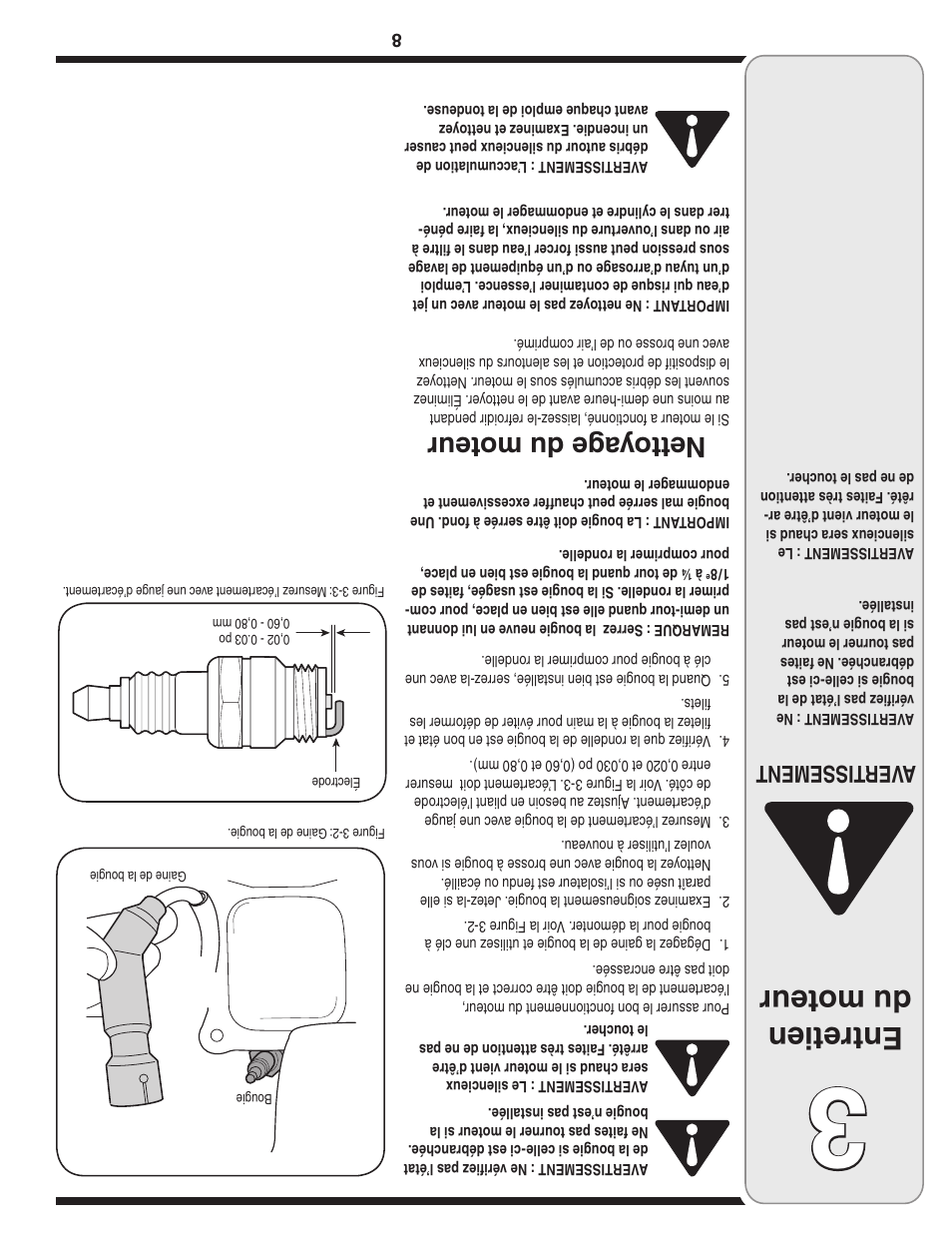 Entretien du moteur, Nettoya ge du moteur, Aver tissement | MTD 208cc User Manual | Page 17 / 24