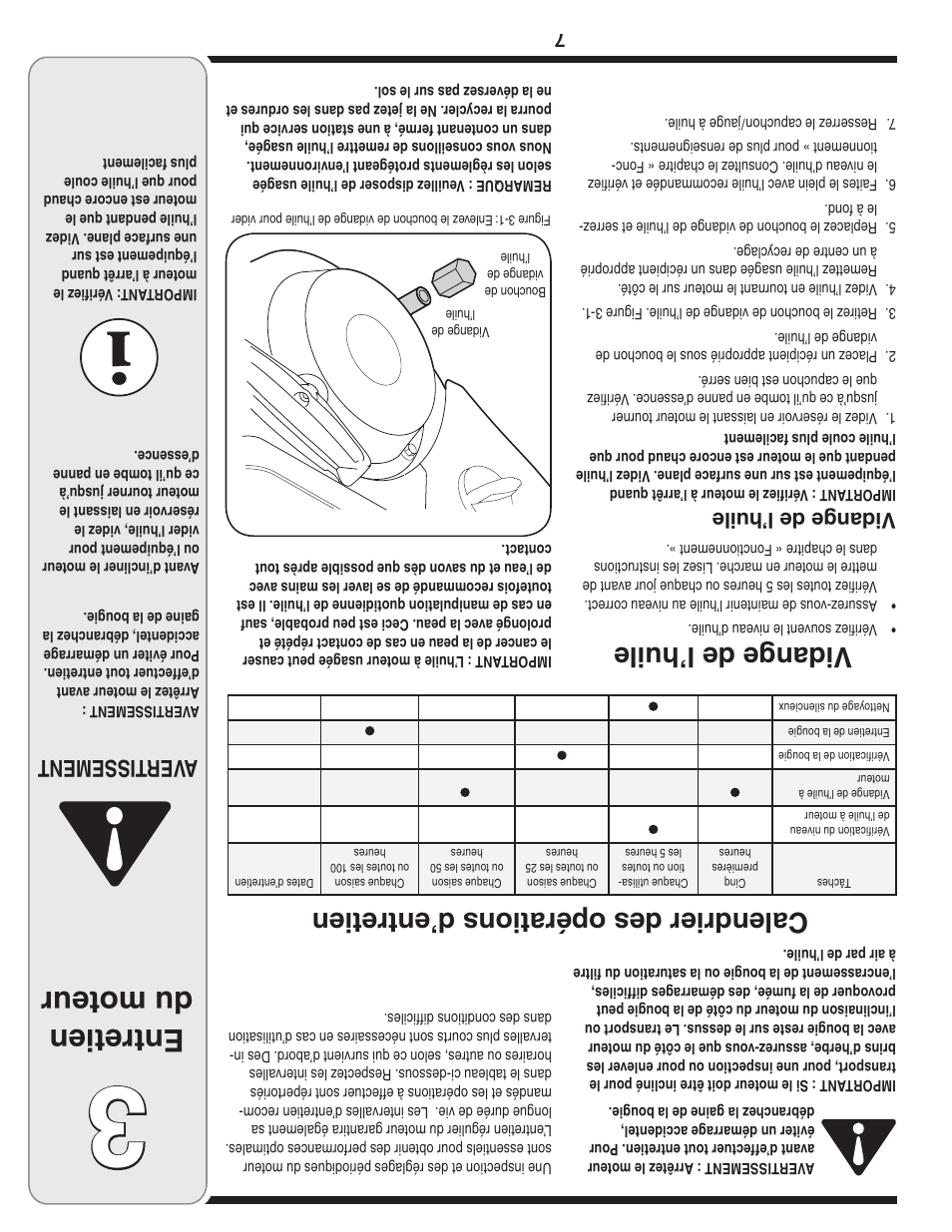 Entretien du moteur, Vidange de l’huile, Calendrier des opérations d’entretien | Aver tissement, Vid an ge d e l’h uile | MTD 208cc User Manual | Page 18 / 24