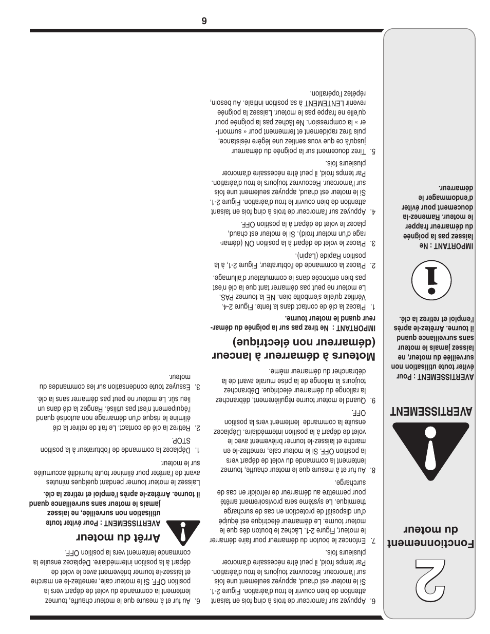 Aver tissement, Fonctionnement du moteur, Arr êt d u mo teu r | MTD 208cc User Manual | Page 19 / 24
