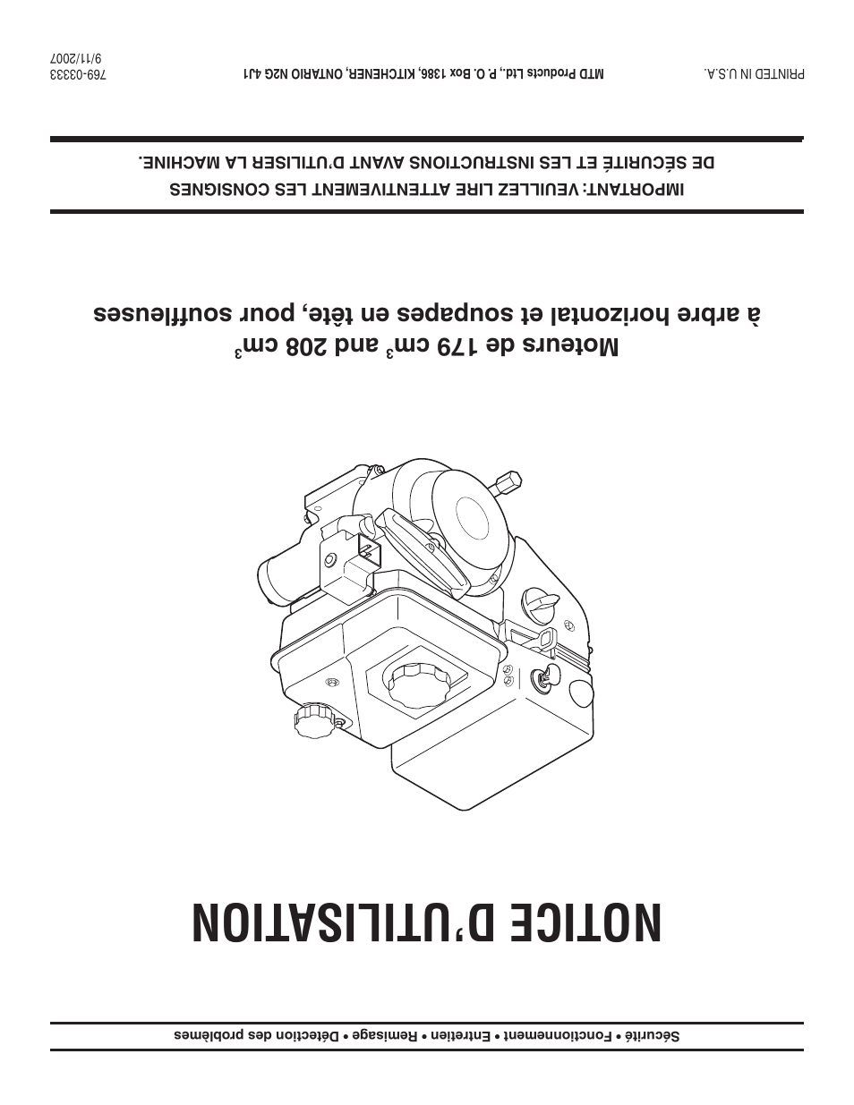 Notice d’utilisation, Moteurs de 179 cm, And 208 cm | MTD 208cc User Manual | Page 24 / 24