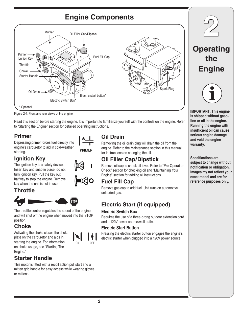 Operating the engine, Engine components | MTD 208cc User Manual | Page 3 / 24