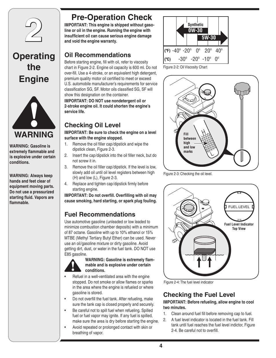 Operating the engine, Pre-operation check, Warning | MTD 208cc User Manual | Page 4 / 24