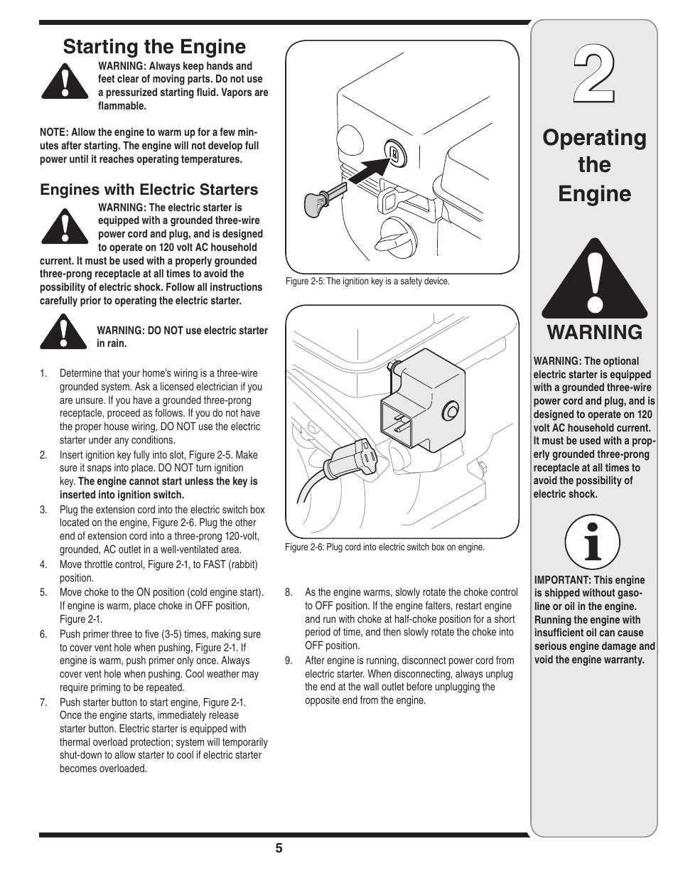 Operating the engine, Warning starting the engine | MTD 208cc User Manual | Page 5 / 24