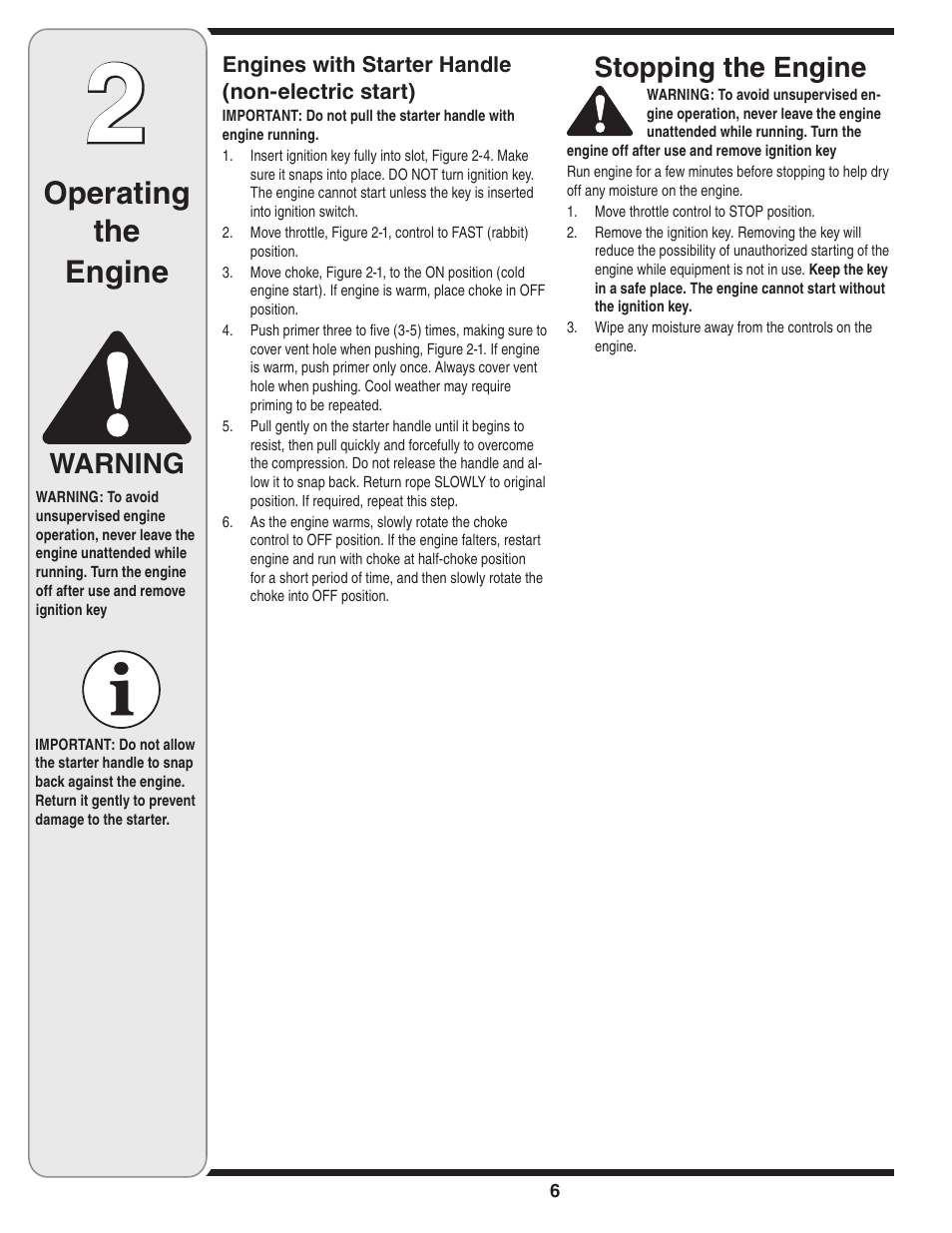 Operating the engine, Stopping the engine, Warning | MTD 208cc User Manual | Page 6 / 24