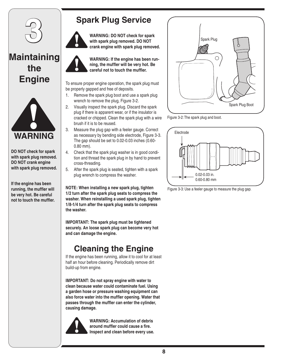 Maintaining the engine, Spark plug service, Cleaning the engine | Warning | MTD 208cc User Manual | Page 8 / 24