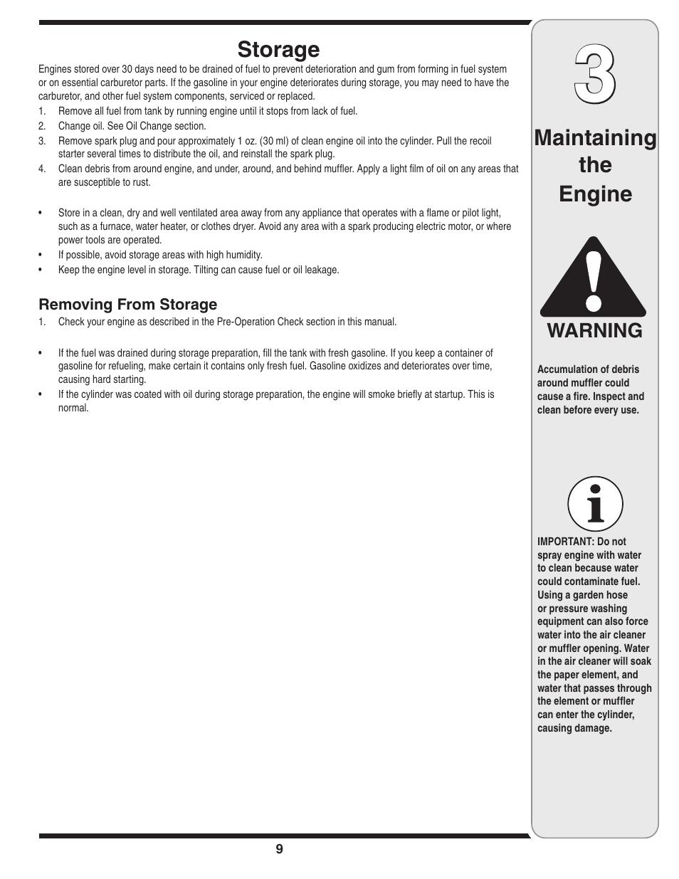 Storage, Maintaining the engine, Warning | MTD 208cc User Manual | Page 9 / 24