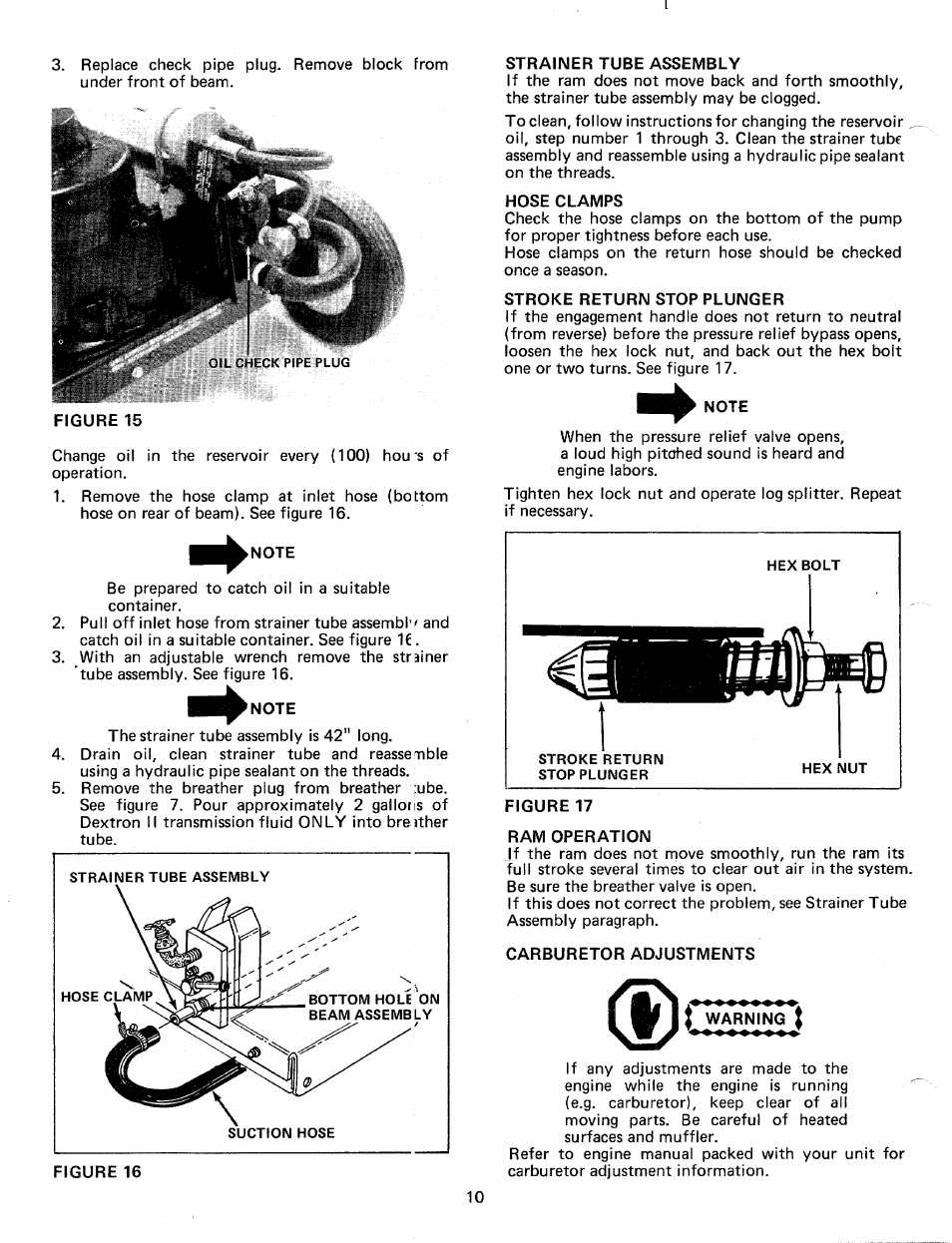Strainer tube assembly, Hose clamps, Stroke return stop plunger | Figure 17 ram operation, Carburetor adjustments, If i | MTD 24638L User Manual | Page 10 / 16