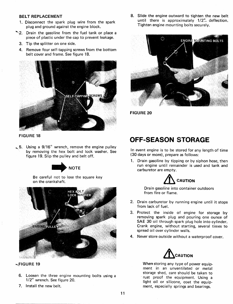 Belt replacement, Off-season storage, Caution | MTD 24638L User Manual | Page 11 / 16