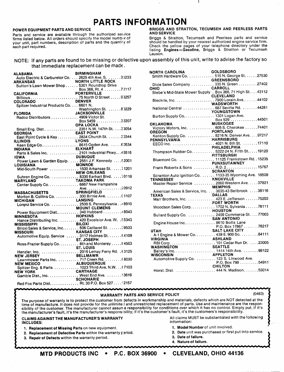 Parts information | MTD 24638L User Manual | Page 16 / 16