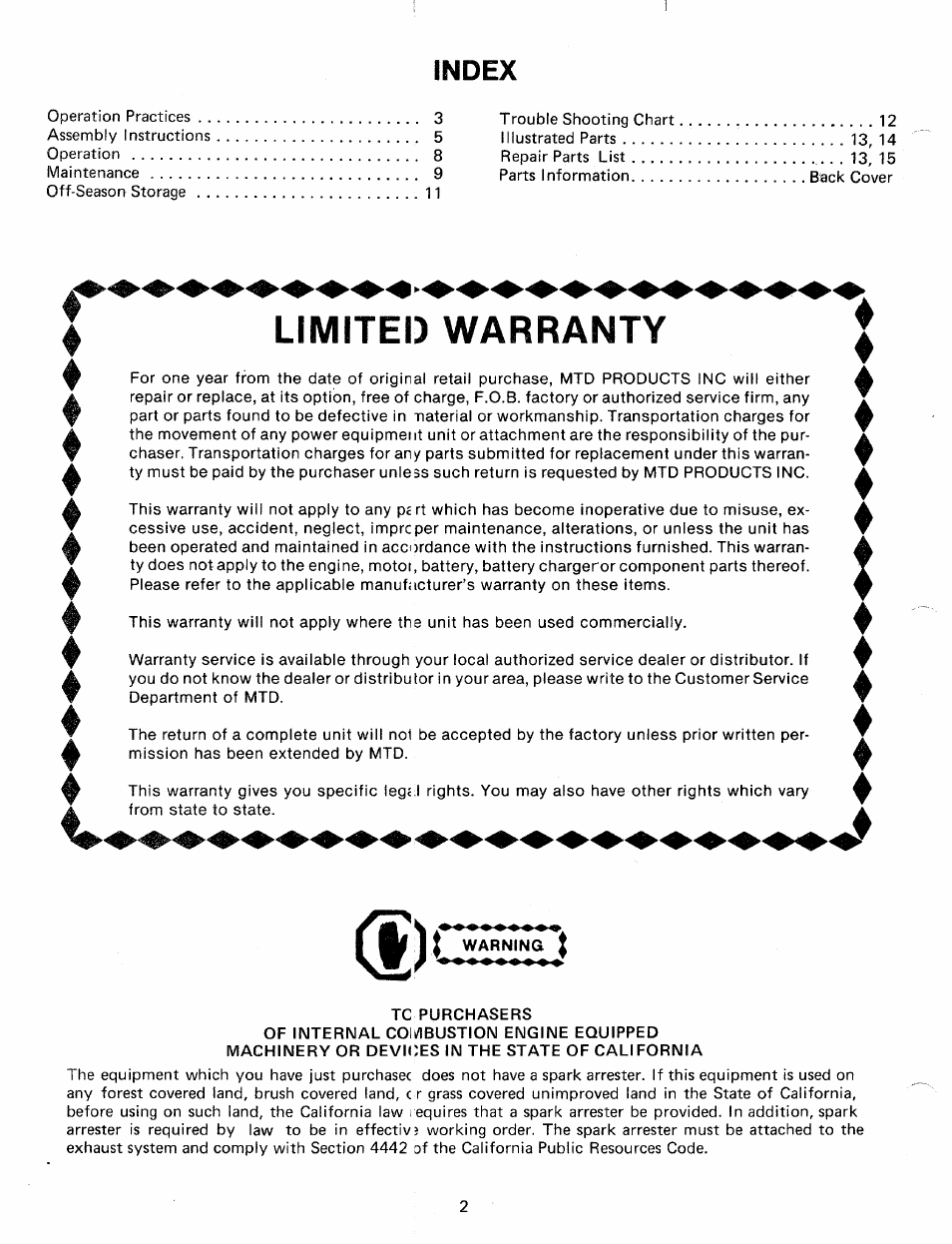 I warning, Limited warranty, Index | MTD 24638L User Manual | Page 2 / 16