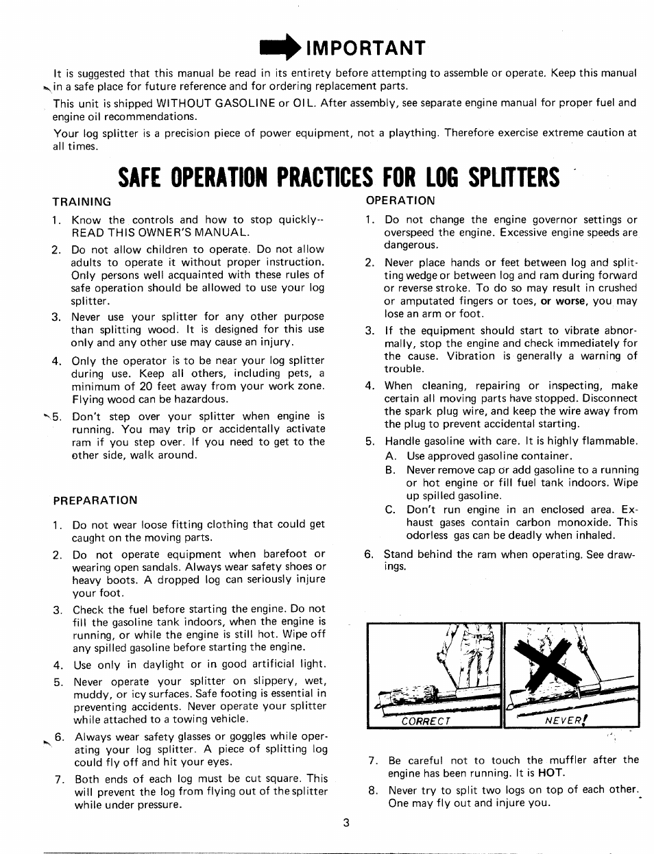 Important, Safe operation practices for log splitters, Training | Preparation, Operation | MTD 24638L User Manual | Page 3 / 16
