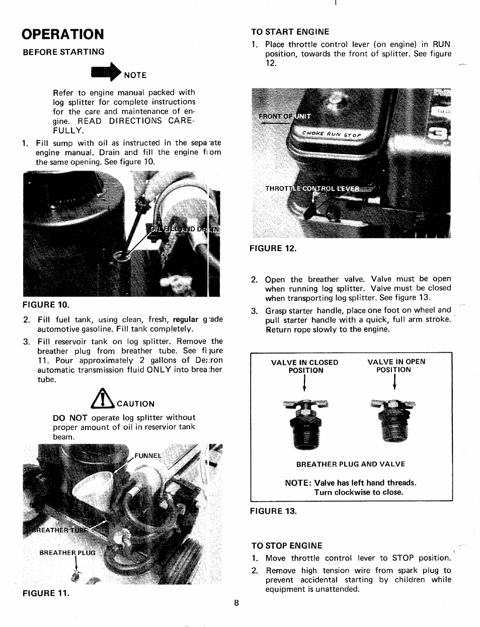 Operation, Before starting, Caution | To start engine, Figure 13, To stop engine | MTD 24638L User Manual | Page 8 / 16