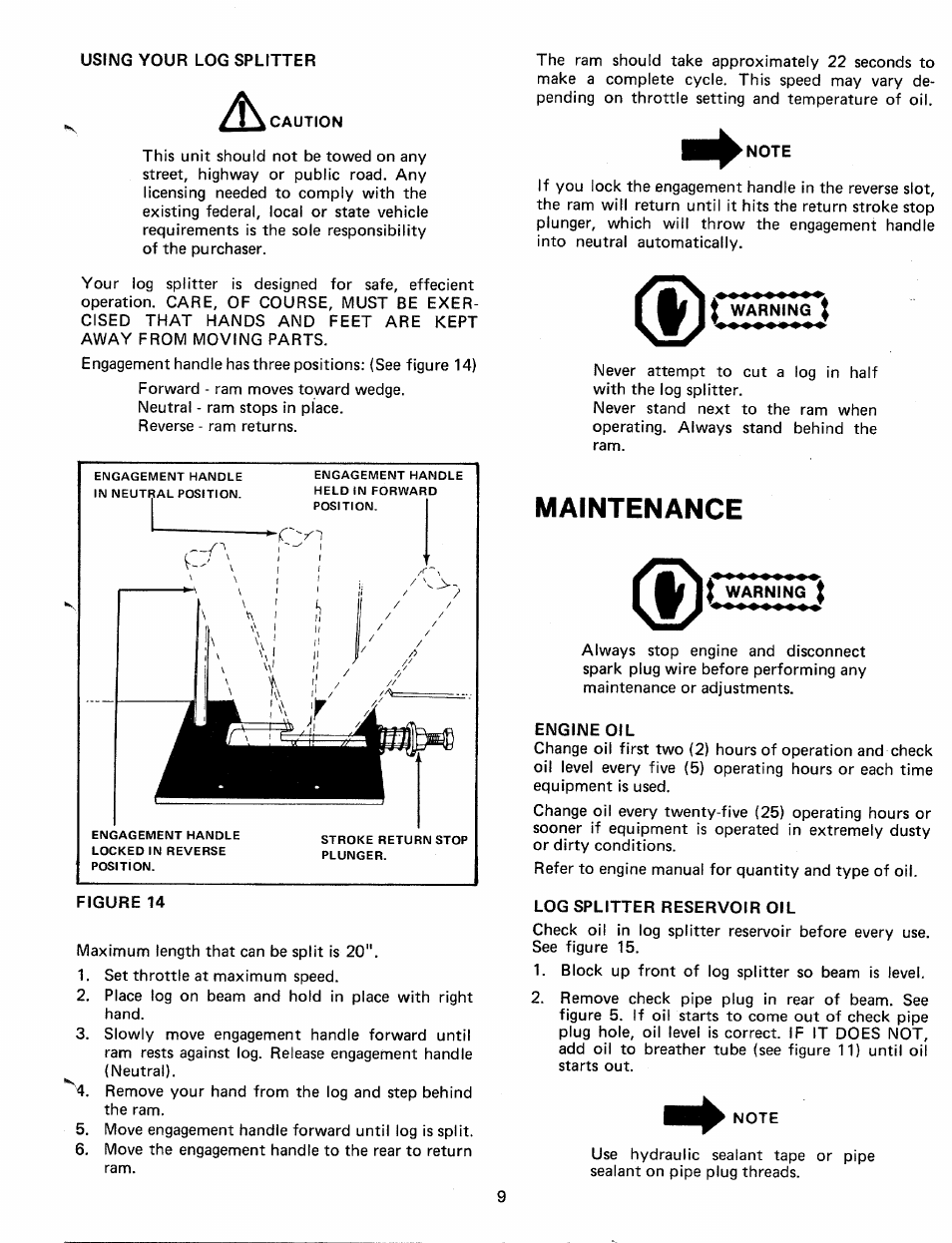 Using your log splitter, Figure 14, T warning j | Maintenance, Warning, Engine oil, Log splitter reservoir oil | MTD 24638L User Manual | Page 9 / 16