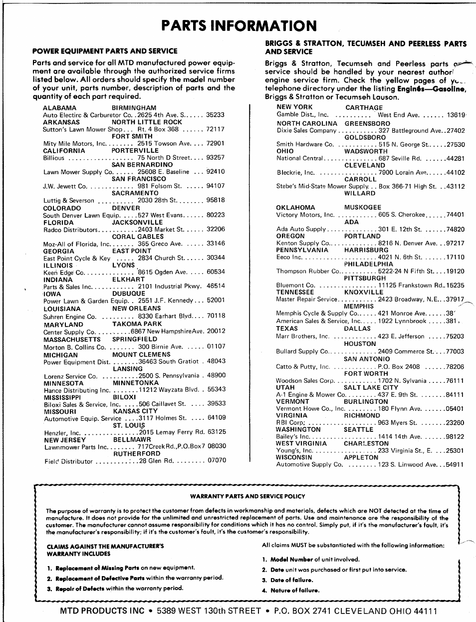 Parts information, Power equipment parts and service | MTD 249-690A User Manual | Page 10 / 10