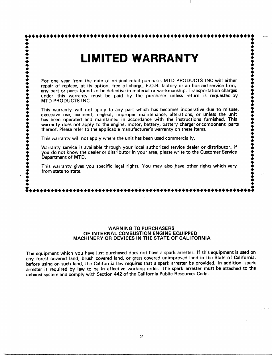 Limited warranty | MTD 249-690A User Manual | Page 2 / 10