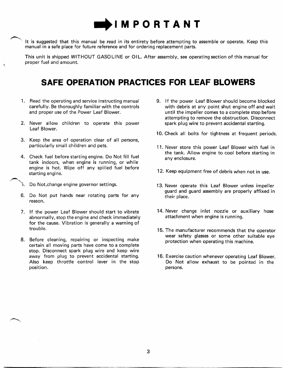 I m po rtant, Safe operation practices for leaf blowers | MTD 249-690A User Manual | Page 3 / 10