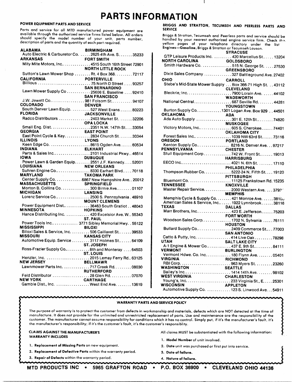 Parts information | MTD 240-690A User Manual | Page 10 / 10