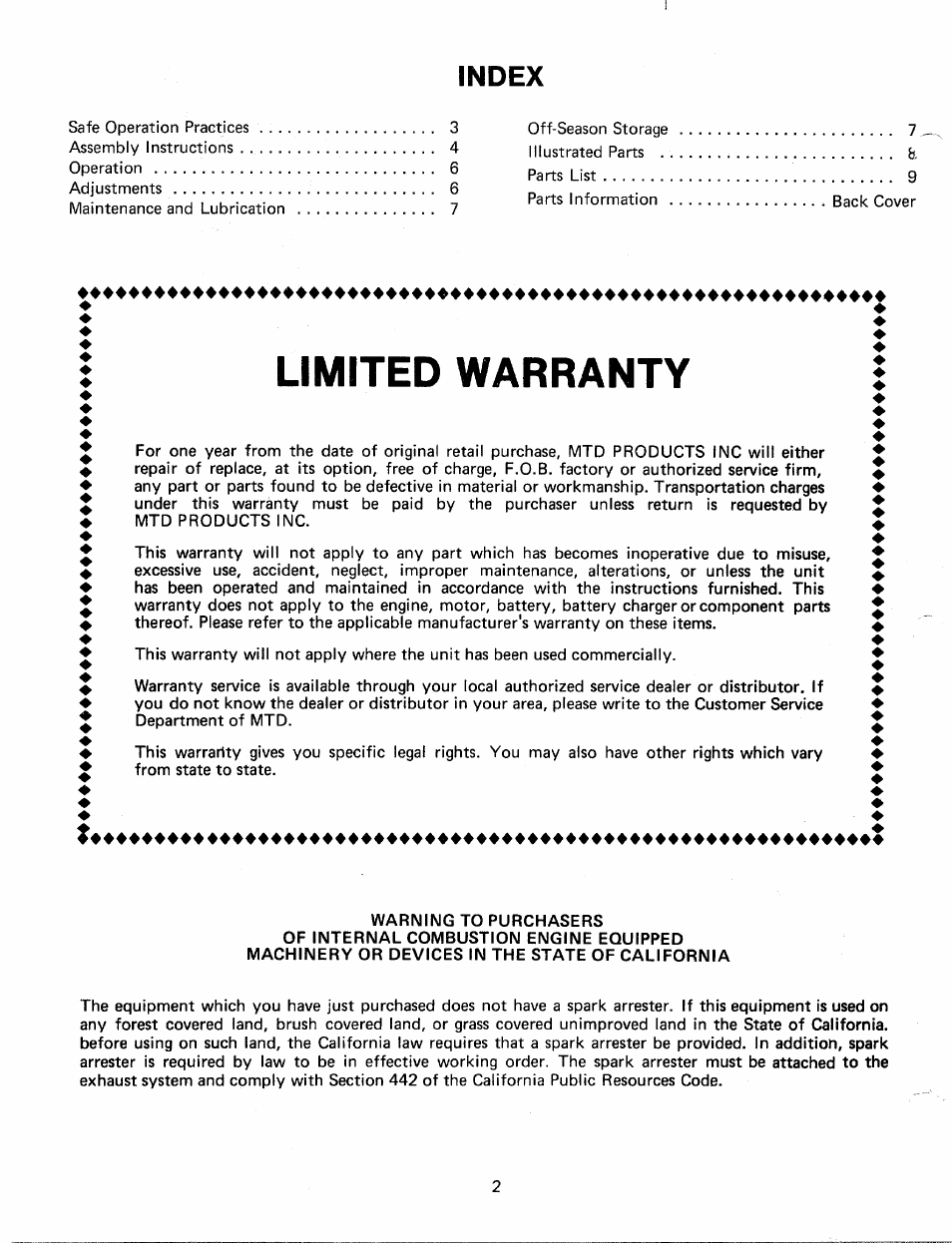 Index, Limited warranty | MTD 240-690A User Manual | Page 2 / 10